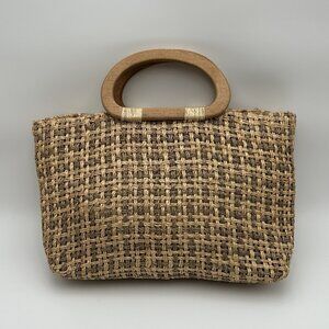 DKNY Straw Woven Large Purse with Wood Handles Zipper Closure - Some Flaws